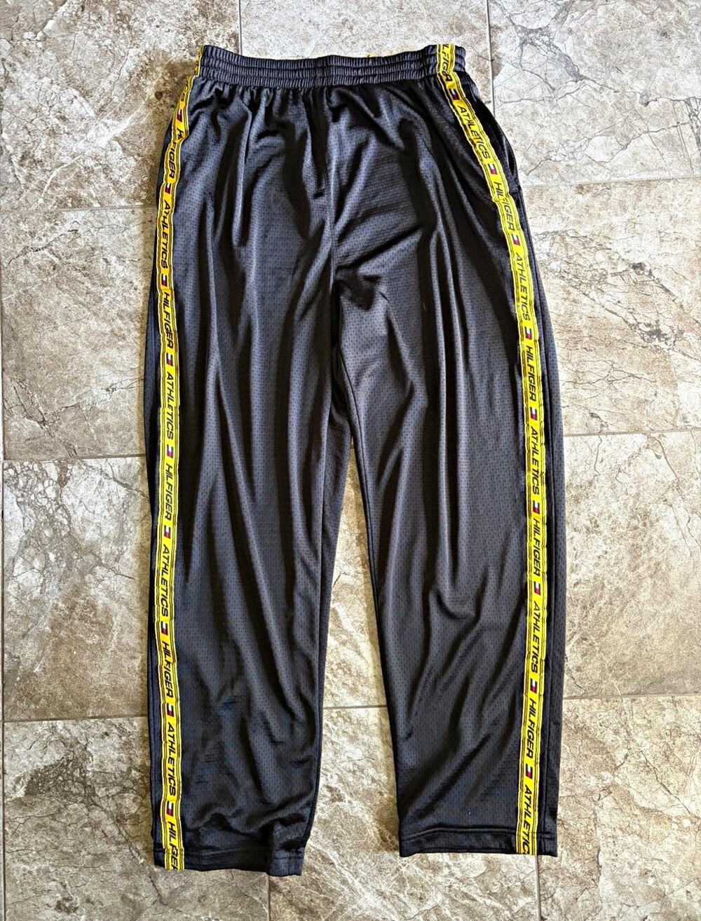 VTG Tommy Hilfiger Track Pants M Black Yellow Mesh Drawstring Stripe Mens (0289)